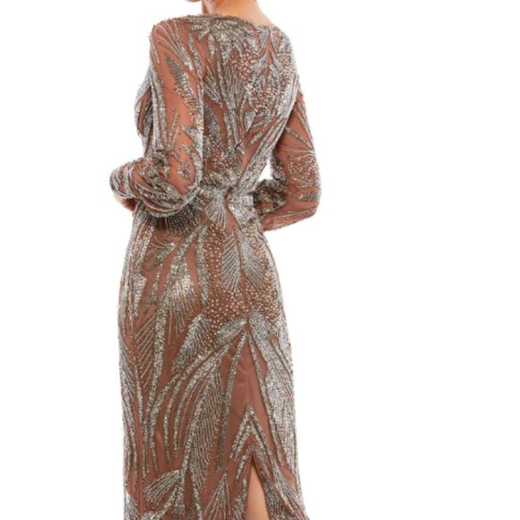 MAC DUGGAL BEADED LONG SLEEVE WRAP OVER MIDI DRESS sz 6 - Picture 2 of 5